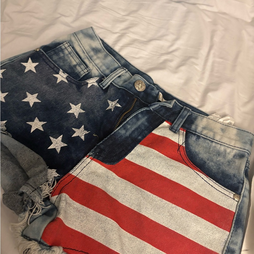 Zara Blue and Red Star Stripe Jean Shorts